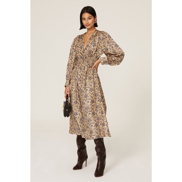 SANDRO Yellow Floral Print Deep V-Neck Airy Puffed Sleeves Midi Dress Size 40 - Picture 1 of 14